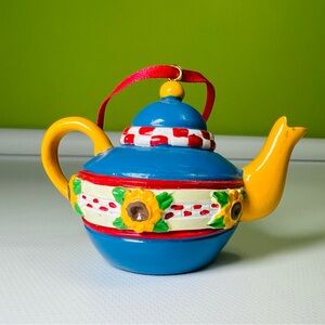 Mary Engelbreit Miniature Teapot Blue Yellow Sunflowers Flowers Ornament